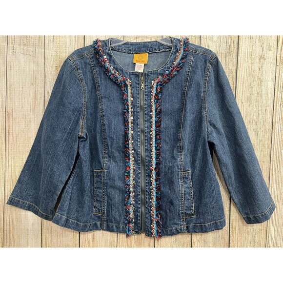 Vtg Boho Denim Jacket Sz 14 Blue Jean Full Zip Embellished Fringe‎ Beads Hippie - Picture 2 of 6